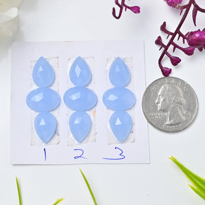 Blaues Chalcedon-Set, Rosenschliff, gemischte Form, Edelstein-Set der Güteklasse AA, insgesamt 3 Stück in einem