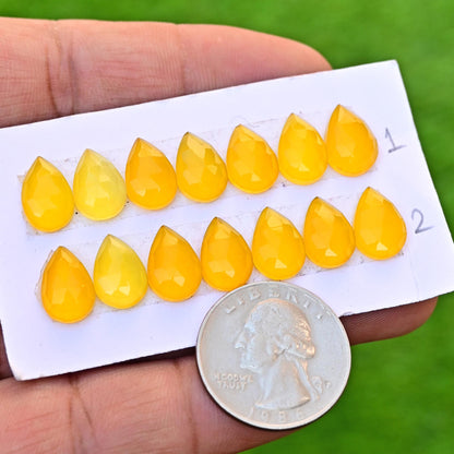 7 Pieces 8x12mm Yellow Chalcedony Cabochon CALIBRATED, Chalcedony Loose Stone, Tear Drop Chalcedony Lot, Semi Precious Gemstone Cabochon