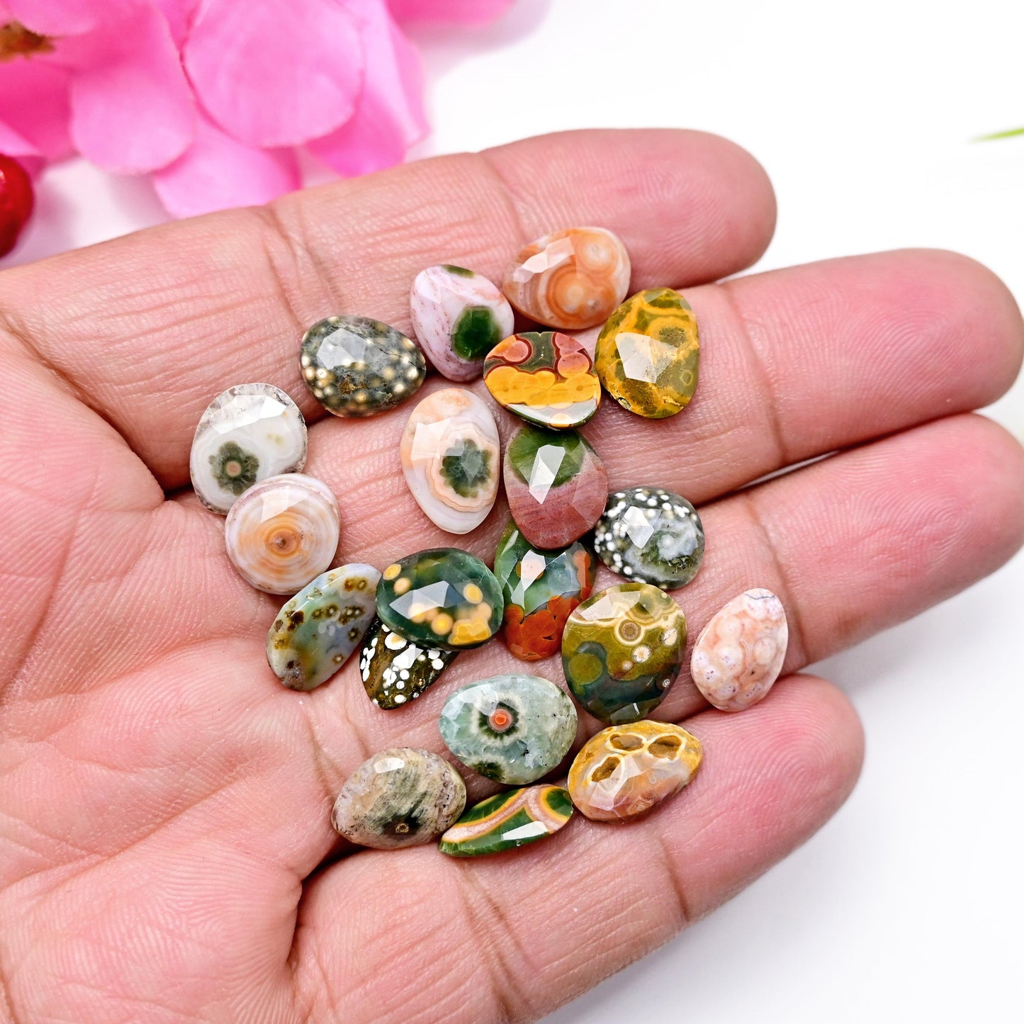 20 Pieces Orbicular Ocean Jasper Faceted Cabochons Wholesale Lot, 9x13mm 10x12mm Ocean Jasper Freeform Rosecut, Oval Teardrop Round Gemstone