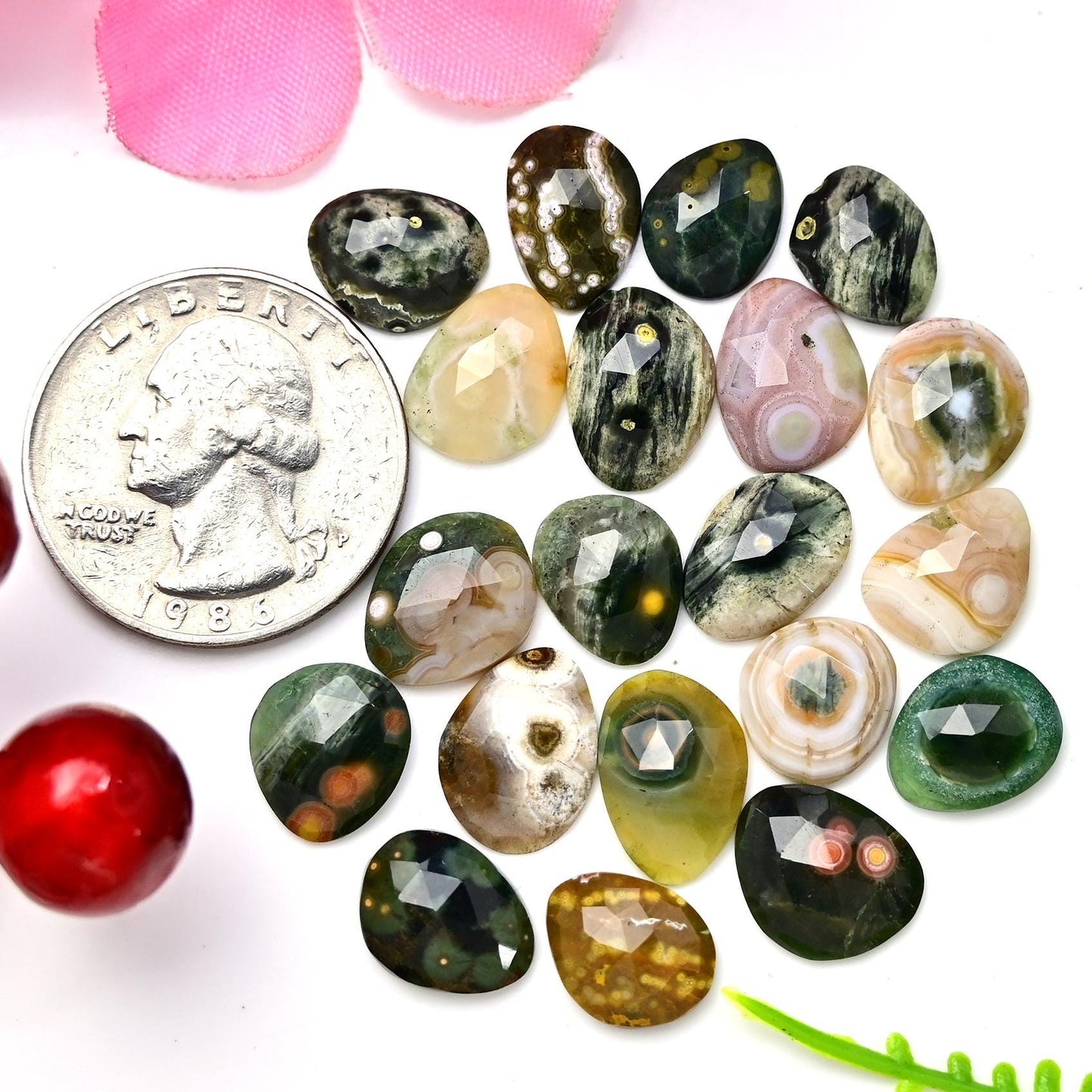 20 Pieces Orbicular Ocean Jasper Faceted Cabochons Wholesale Lot, 9x13mm 10x12mm Ocean Jasper Freeform Rosecut, Oval Teardrop Round Gemstone