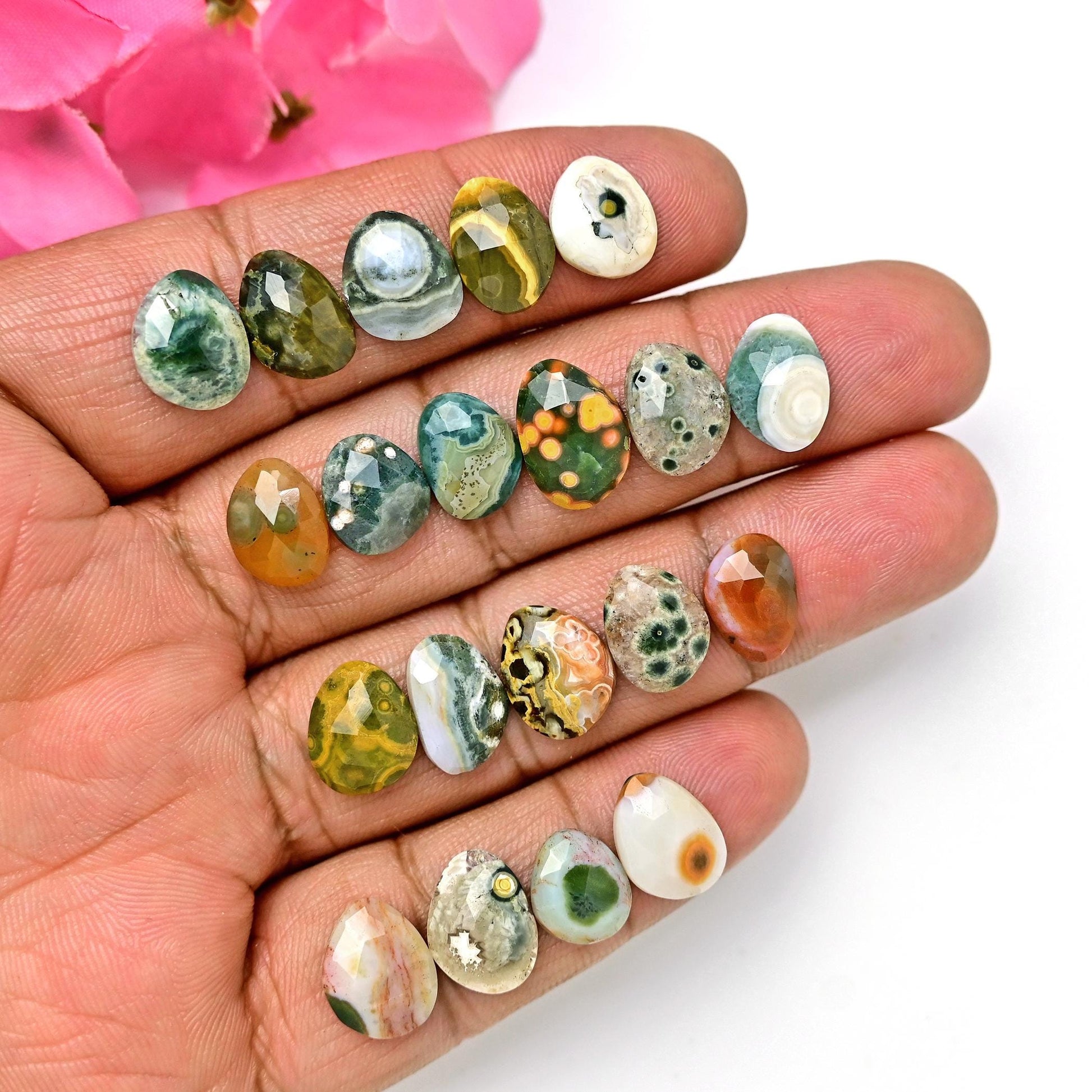 20 Pieces Orbicular Ocean Jasper Faceted Cabochons Wholesale Lot, 9x11mm 10x13mm Ocean Jasper Freeform Rosecut, Oval Teardrop Round Gemstone