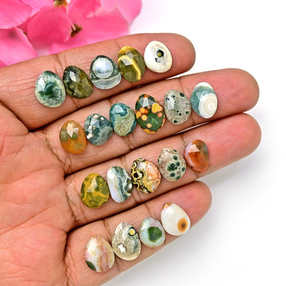 20 Pieces Orbicular Ocean Jasper Faceted Cabochons Wholesale Lot, 9x11mm 10x13mm Ocean Jasper Freeform Rosecut, Oval Teardrop Round Gemstone