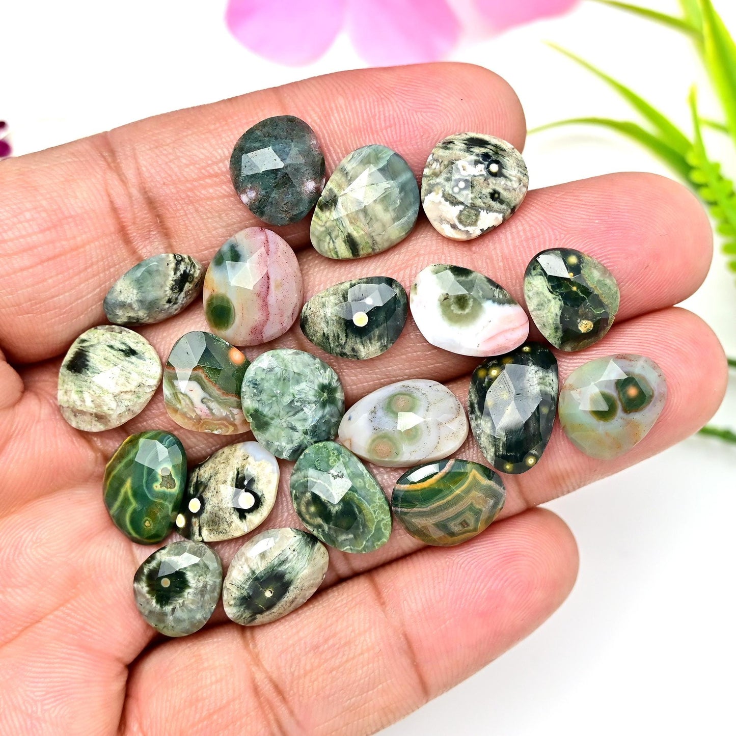 20 Pieces Orbicular Ocean Jasper Faceted Cabochons Wholesale Lot, 10x15mm 9x13mm Ocean Jasper Freeform Rosecut, Oval Teardrop Round Gemstone