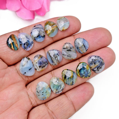 11x14mm - 9x12mm 15pcs Peruvian Blue Opal Rosecut, Peruvian Blue Opal cabochon, Rose cut Freeform Opal with Dendritic Inclusions, Opal Cabs