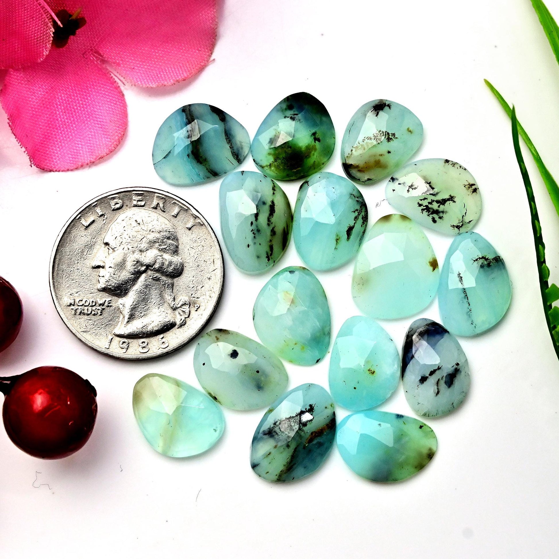 10x14mm - 10x12mm 15pcs Peruvian Blue Opal Rosecut, Peruvian Blue Opal cabochon, Rose cut Freeform Opal with Dendritic Inclusions, Opal Cabs