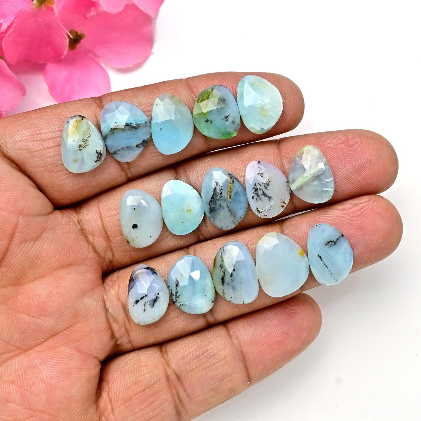 10x14mm - 10x12mm 15pcs Peruvian Blue Opal Rosecut, Peruvian Blue Opal cabochon, Rose cut Freeform Opal with Dendritic Inclusions, Opal Cabs