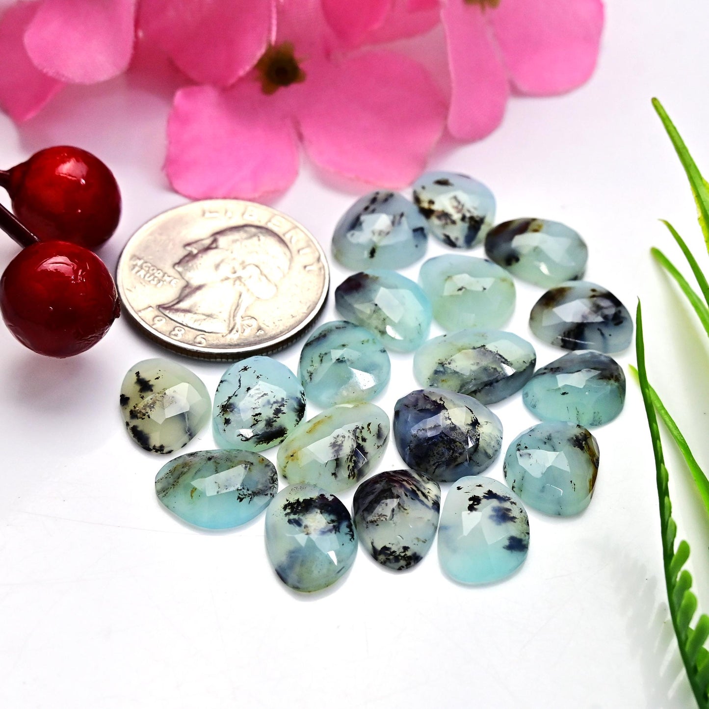 17pcs 10x13mm - 9x12mm Peruvian Blue Opal Rosecut Freeform Opal with Dendritic Inclusions, Peruvian Opal cabochon Wholesale Lot Jewellery