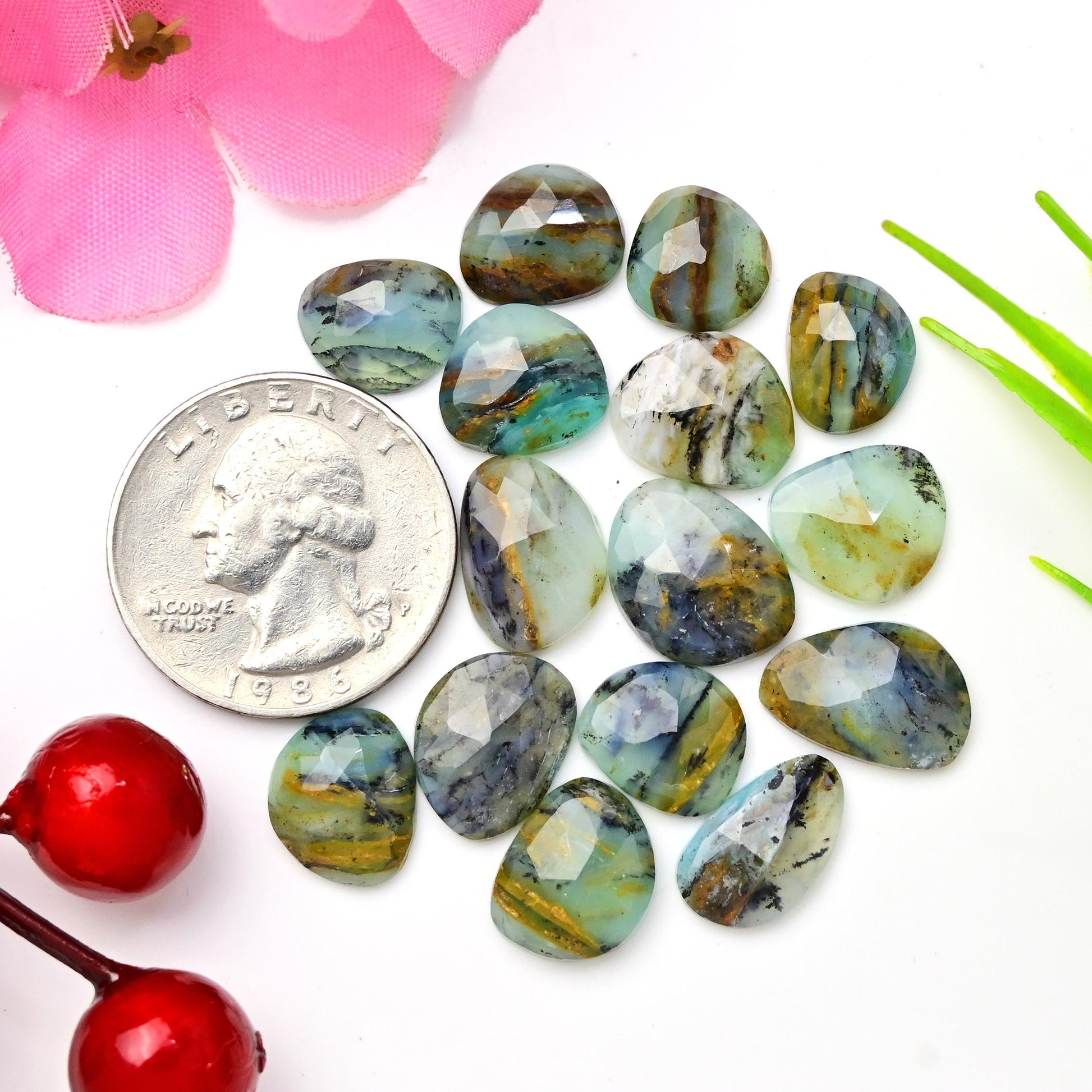 15pcs 8x14mm - 9x12mm Peruvian Blue Opal Rosecut Freeform Opal with Dendritic Inclusions, Peruvian Opal cabochon Wholesale Lot