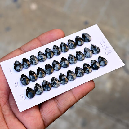 10 Pieces Snowflake Obsidian Cabochon CALIBRATED, Obsidian Loose Stone, Tear Drop Shape 8x12mm Obsidian Lot, Semi Precious Gemstone Cabochon