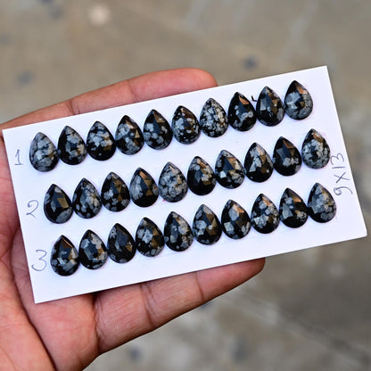 10 Pieces Snowflake Obsidian Cabochon CALIBRATED, Obsidian Loose Stone, Tear Drop Shape 9x13mm Obsidian Lot, Semi Precious Gemstone Cabochon