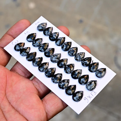 10 Pieces Snowflake Obsidian Cabochon CALIBRATED, Obsidian Loose Stone, Tear Drop Shape 9x13mm Obsidian Lot, Semi Precious Gemstone Cabochon