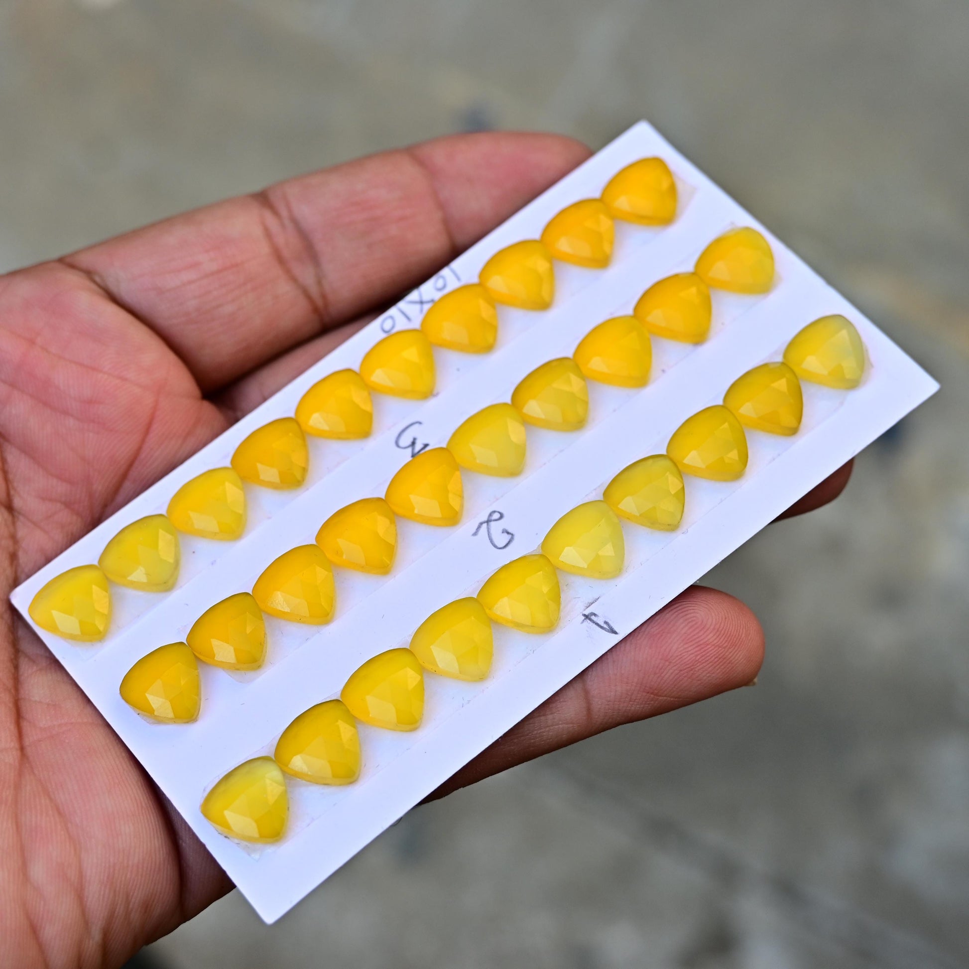 10mm Yellow Chalcedony Rose Cut Cabochon, Mango Chalcedony 10x10mm Trillion Shape Flat Back Wholesale Gemstone for Making Earring Jewelry