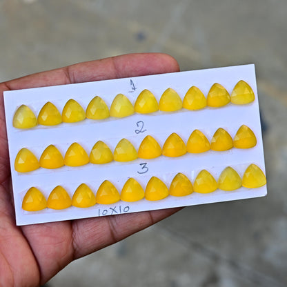 10mm Yellow Chalcedony Rose Cut Cabochon, Mango Chalcedony 10x10mm Trillion Shape Flat Back Wholesale Gemstone for Making Earring Jewelry