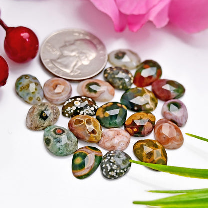 20 Pieces Orbicular Ocean Jasper Faceted Cabochons Wholesale Lot, 9x13mm 10x12mm Ocean Jasper Freeform Rosecut, Oval Teardrop Round Gemstone