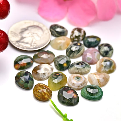 20 Pieces Orbicular Ocean Jasper Faceted Cabochons Wholesale Lot, 9x13mm 10x12mm Ocean Jasper Freeform Rosecut, Oval Teardrop Round Gemstone