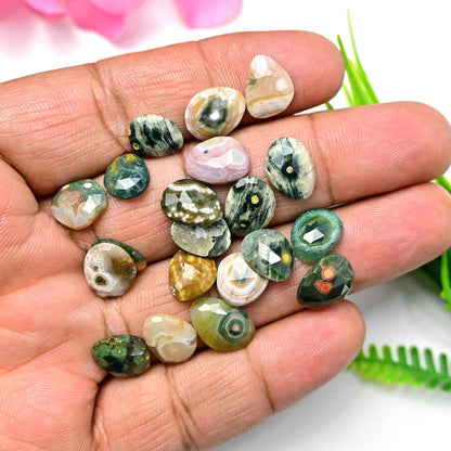 20 Pieces Orbicular Ocean Jasper Faceted Cabochons Wholesale Lot, 9x13mm 10x12mm Ocean Jasper Freeform Rosecut, Oval Teardrop Round Gemstone