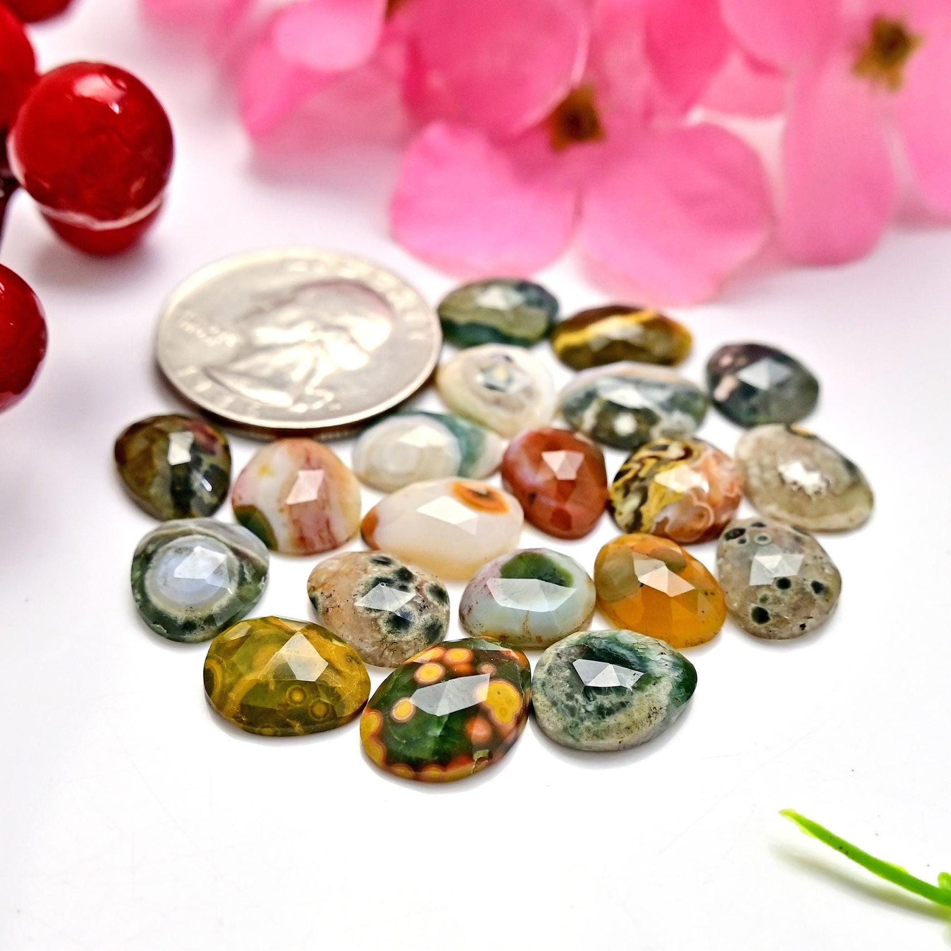 20 Pieces Orbicular Ocean Jasper Faceted Cabochons Wholesale Lot, 9x11mm 10x13mm Ocean Jasper Freeform Rosecut, Oval Teardrop Round Gemstone