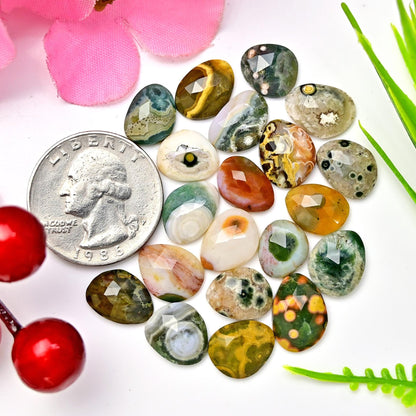 20 Pieces Orbicular Ocean Jasper Faceted Cabochons Wholesale Lot, 9x11mm 10x13mm Ocean Jasper Freeform Rosecut, Oval Teardrop Round Gemstone