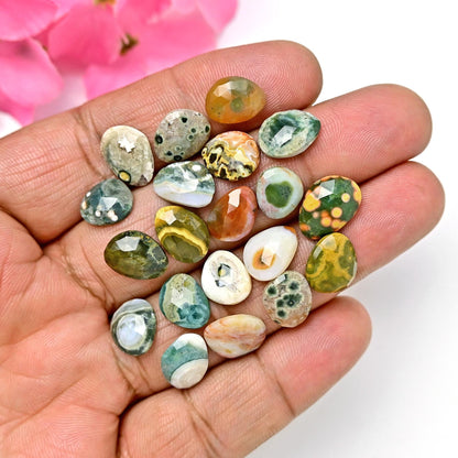 20 Pieces Orbicular Ocean Jasper Faceted Cabochons Wholesale Lot, 9x11mm 10x13mm Ocean Jasper Freeform Rosecut, Oval Teardrop Round Gemstone