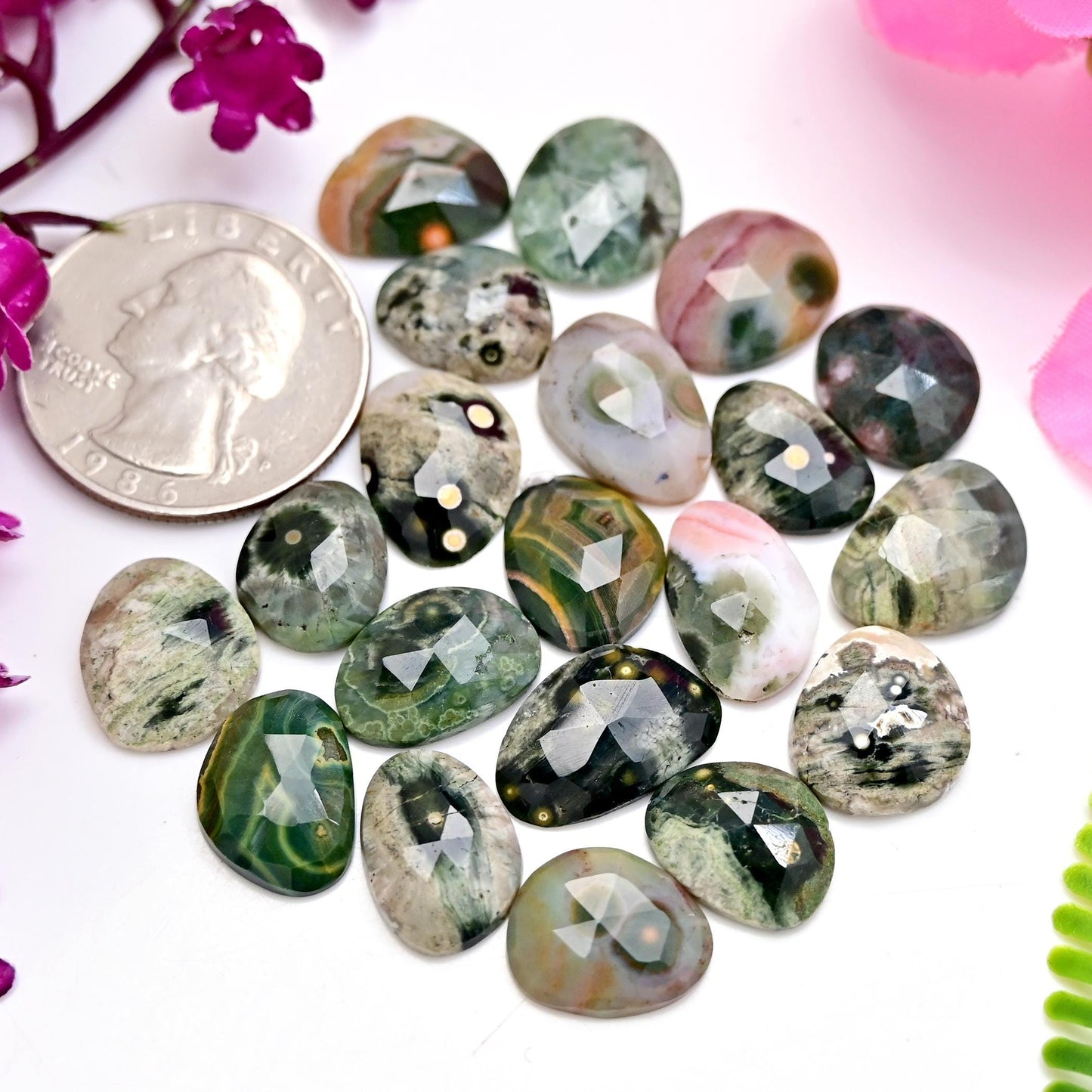 20 Pieces Orbicular Ocean Jasper Faceted Cabochons Wholesale Lot, 10x15mm 9x13mm Ocean Jasper Freeform Rosecut, Oval Teardrop Round Gemstone