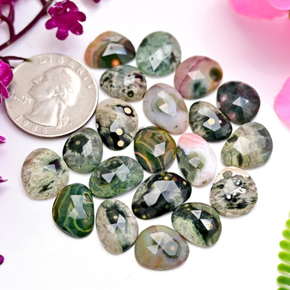 20 Pieces Orbicular Ocean Jasper Faceted Cabochons Wholesale Lot, 10x15mm 9x13mm Ocean Jasper Freeform Rosecut, Oval Teardrop Round Gemstone