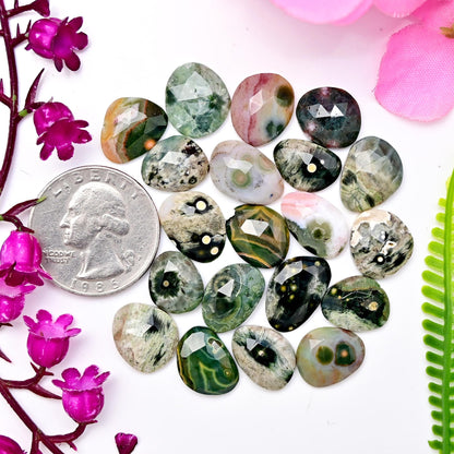 20 Pieces Orbicular Ocean Jasper Faceted Cabochons Wholesale Lot, 10x15mm 9x13mm Ocean Jasper Freeform Rosecut, Oval Teardrop Round Gemstone