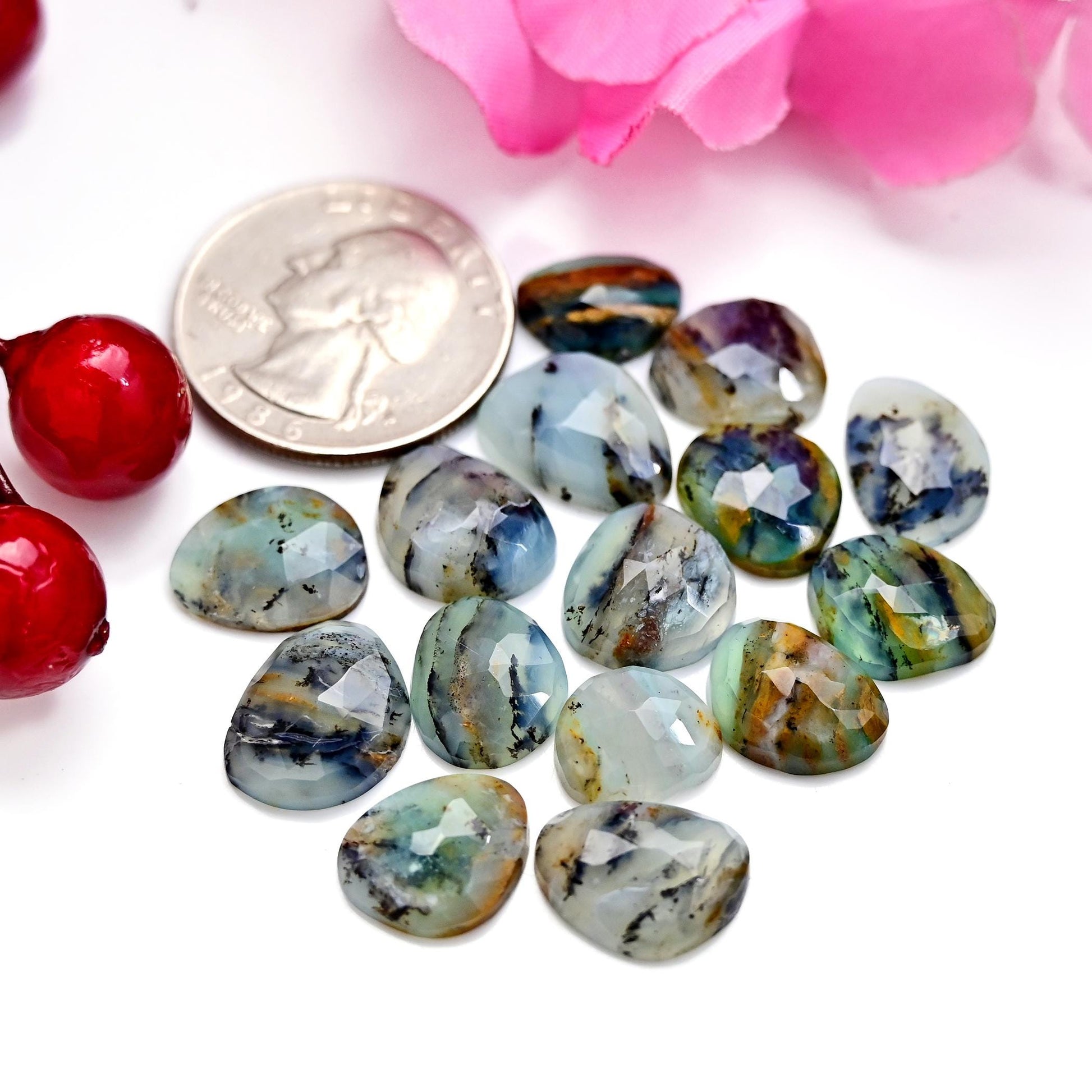 11x14mm - 9x12mm 15pcs Peruvian Blue Opal Rosecut, Peruvian Blue Opal cabochon, Rose cut Freeform Opal with Dendritic Inclusions, Opal Cabs