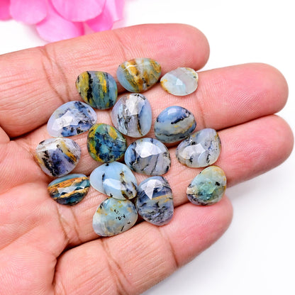 11x14mm - 9x12mm 15pcs Peruvian Blue Opal Rosecut, Peruvian Blue Opal cabochon, Rose cut Freeform Opal with Dendritic Inclusions, Opal Cabs