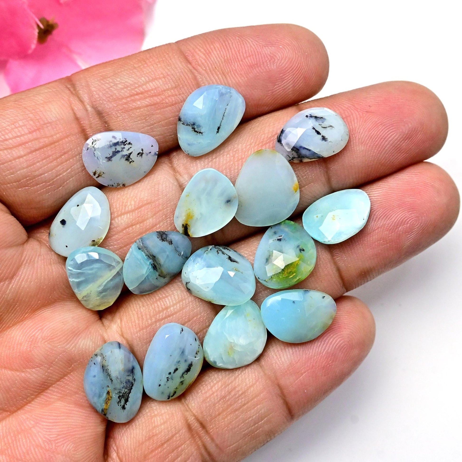 10x14mm - 10x12mm 15pcs Peruvian Blue Opal Rosecut, Peruvian Blue Opal cabochon, Rose cut Freeform Opal with Dendritic Inclusions, Opal Cabs