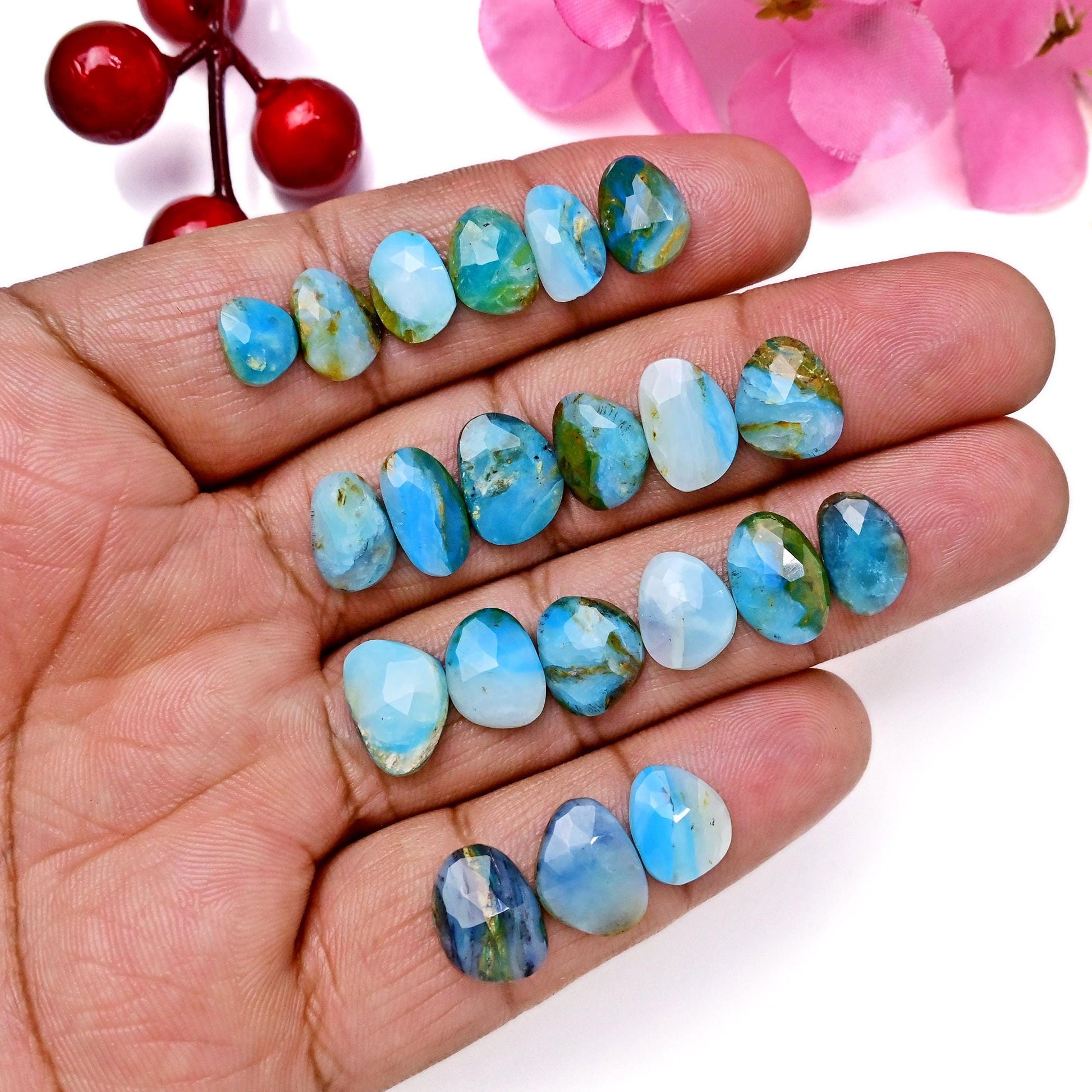 21pcs 8x11mm - 9x12mm Peruvian Blue Opal Rosecut, Peruvian Blue Opal cabochon, Rose cut Freeform Opal with Dendritic Inclusions, Opal Cabs