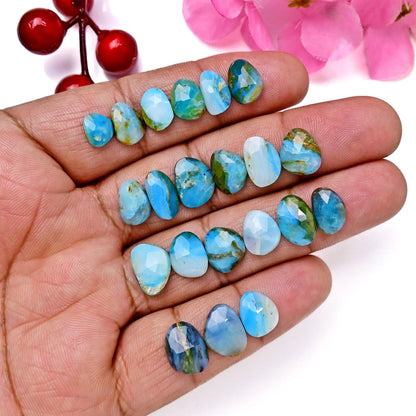 21pcs 8x11mm - 9x12mm Peruvian Blue Opal Rosecut, Peruvian Blue Opal cabochon, Rose cut Freeform Opal with Dendritic Inclusions, Opal Cabs