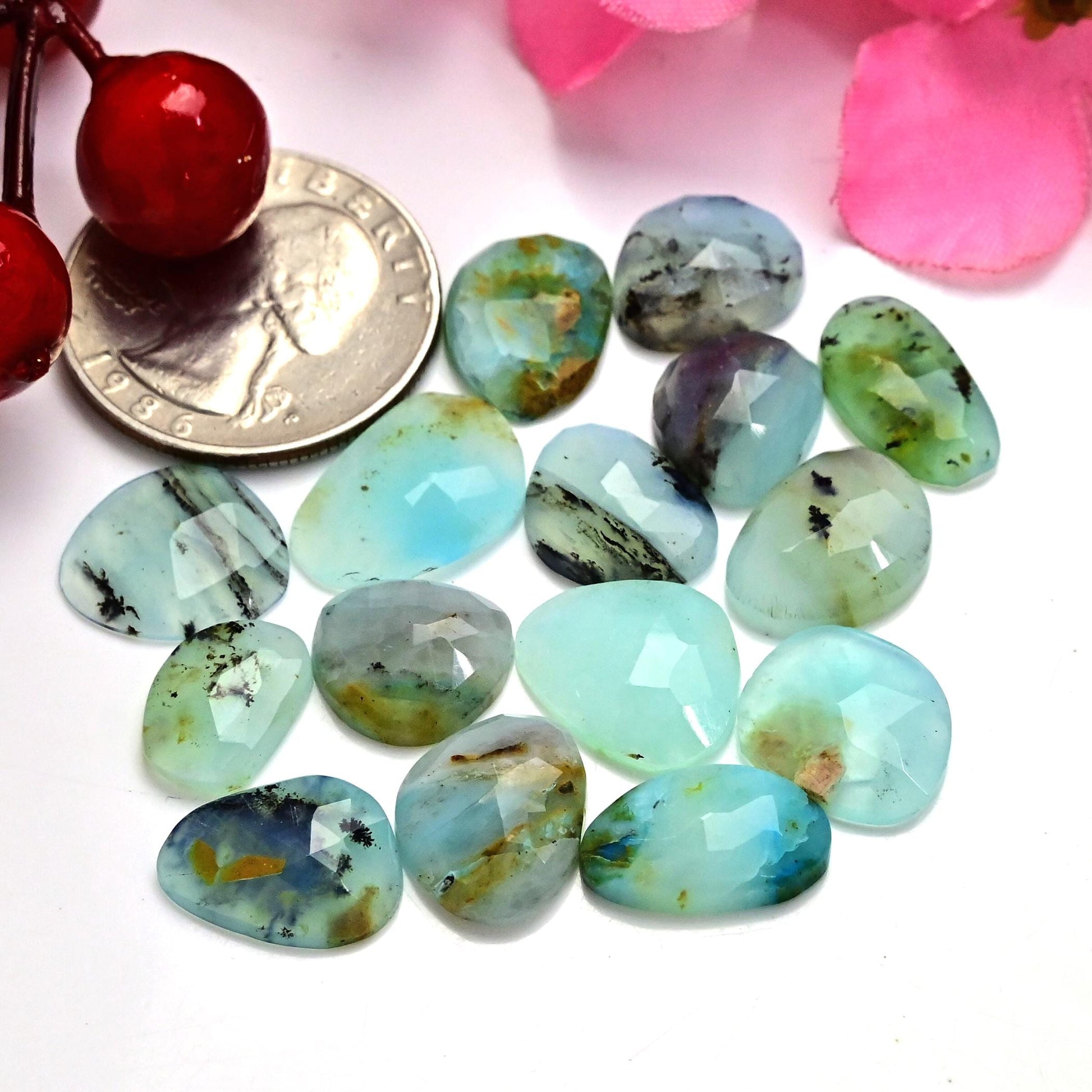 15pcs 8x15mm - 11x16mm Peruvian Blue Opal Rosecut, Peruvian Blue Opal cabochon, Rose cut Freeform Opal with Dendritic Inclusions, Opal Cabs