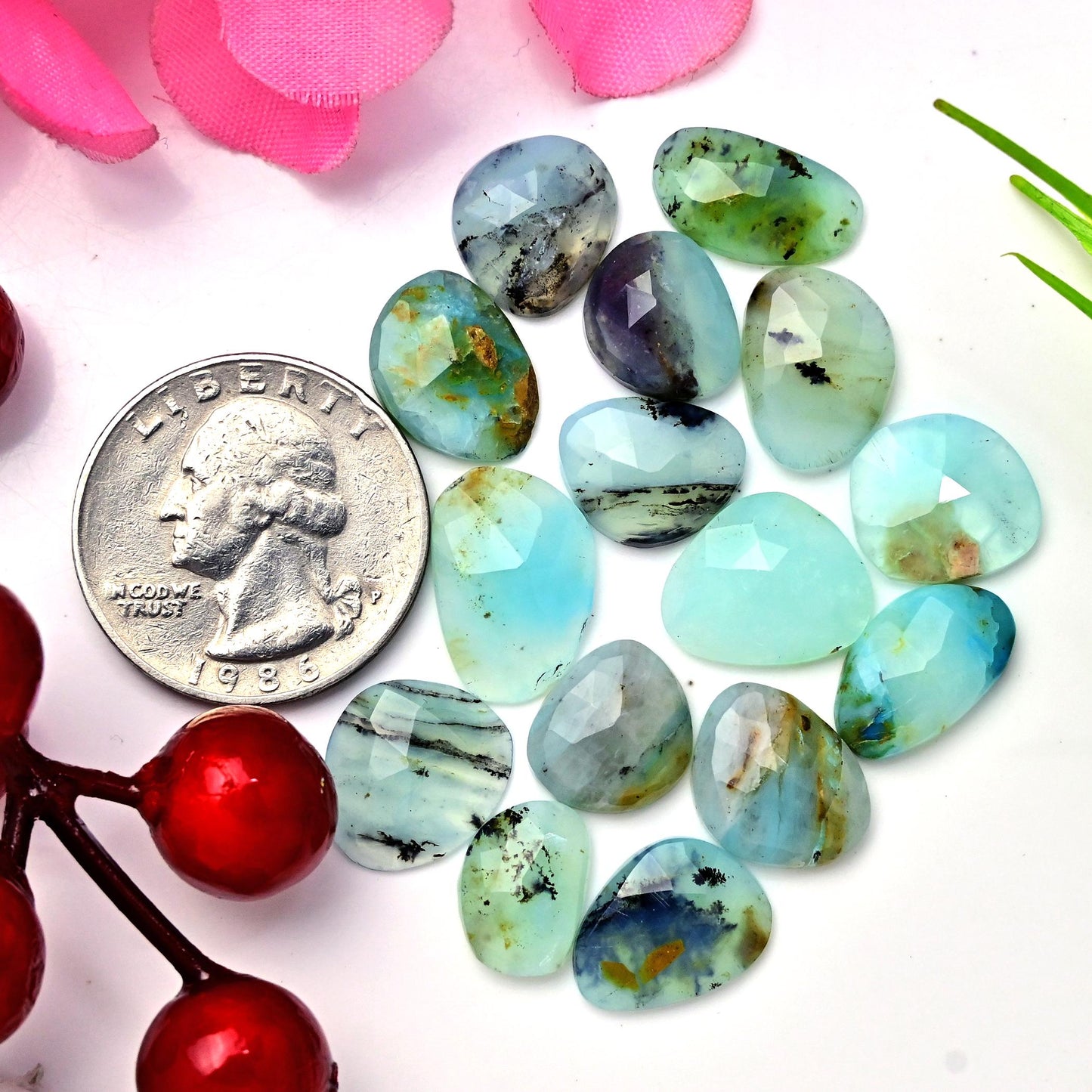 15pcs 8x15mm - 11x16mm Peruvian Blue Opal Rosecut, Peruvian Blue Opal cabochon, Rose cut Freeform Opal with Dendritic Inclusions, Opal Cabs