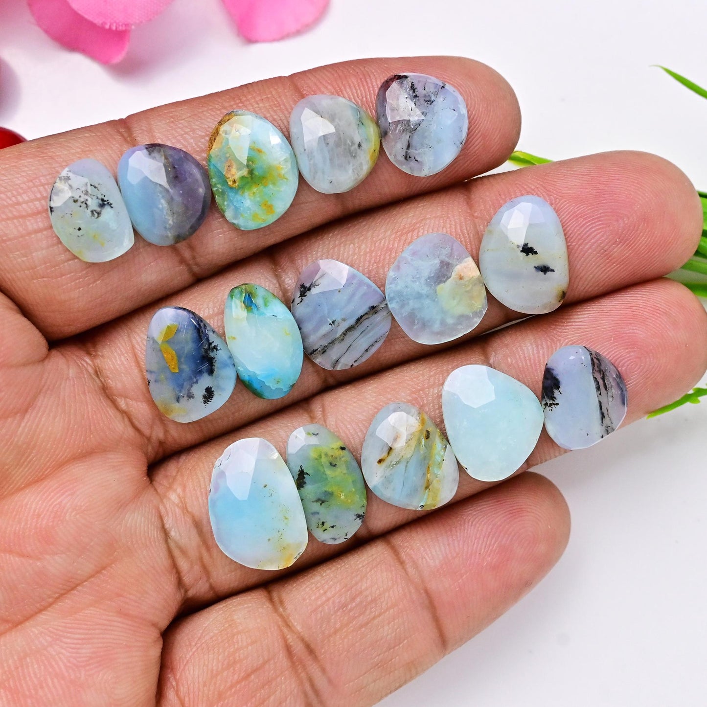 15pcs 8x15mm - 11x16mm Peruvian Blue Opal Rosecut, Peruvian Blue Opal cabochon, Rose cut Freeform Opal with Dendritic Inclusions, Opal Cabs