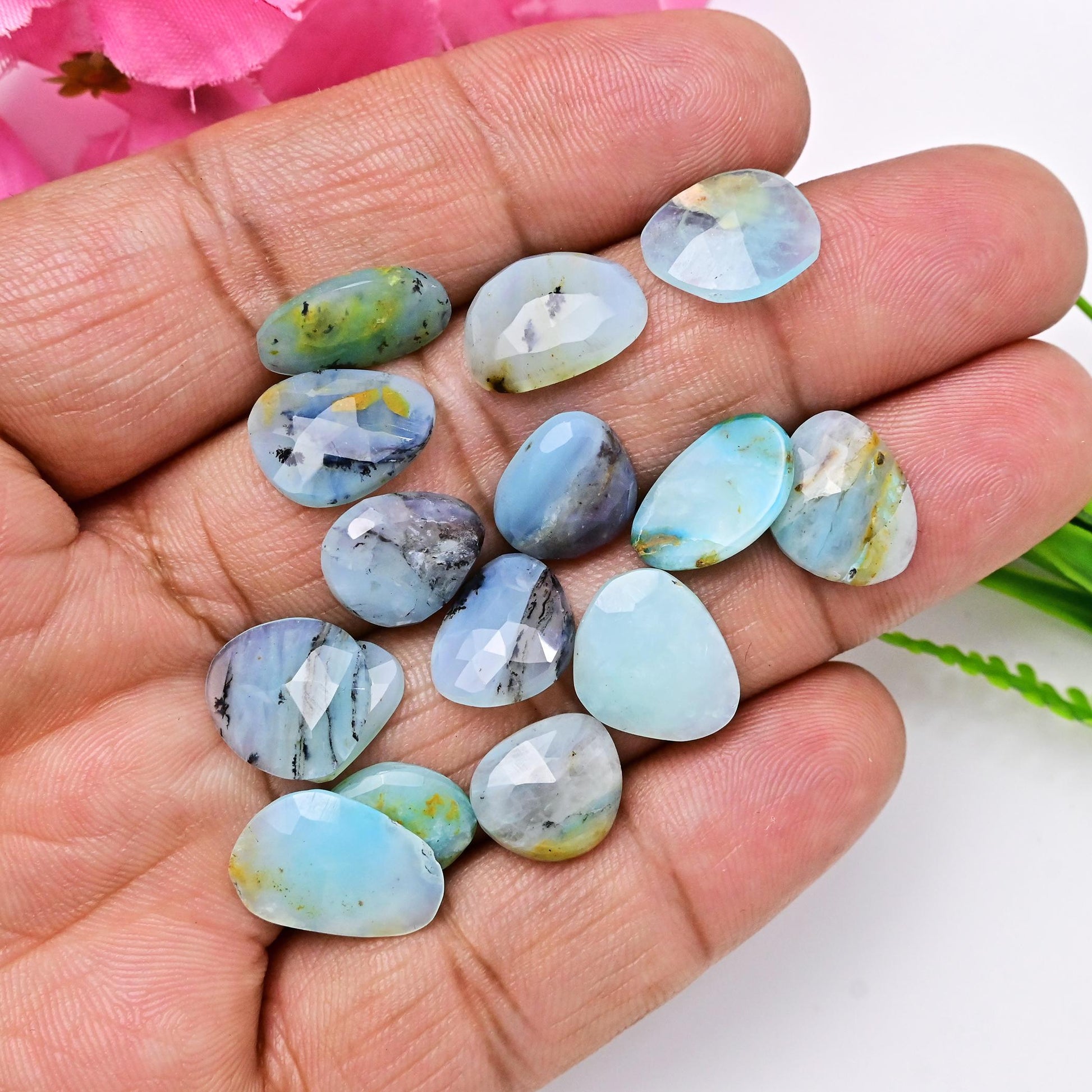 15pcs 8x15mm - 11x16mm Peruvian Blue Opal Rosecut, Peruvian Blue Opal cabochon, Rose cut Freeform Opal with Dendritic Inclusions, Opal Cabs