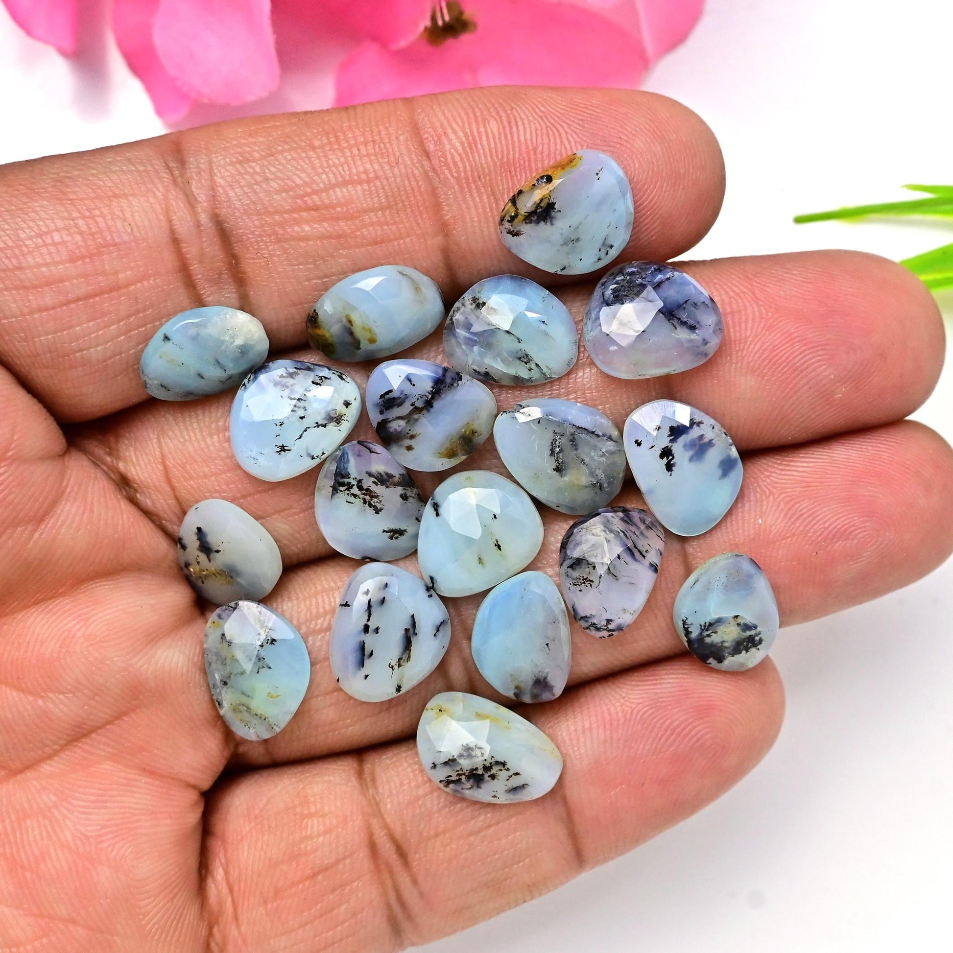 17pcs 10x13mm - 9x12mm Peruvian Blue Opal Rosecut Freeform Opal with Dendritic Inclusions, Peruvian Opal cabochon Wholesale Lot Jewellery