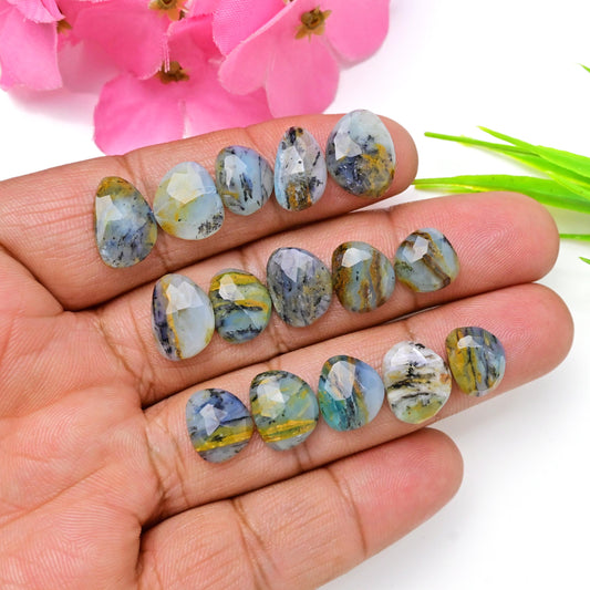 15pcs 8x14mm - 9x12mm Peruvian Blue Opal Rosecut Freeform Opal with Dendritic Inclusions, Peruvian Opal cabochon Wholesale Lot