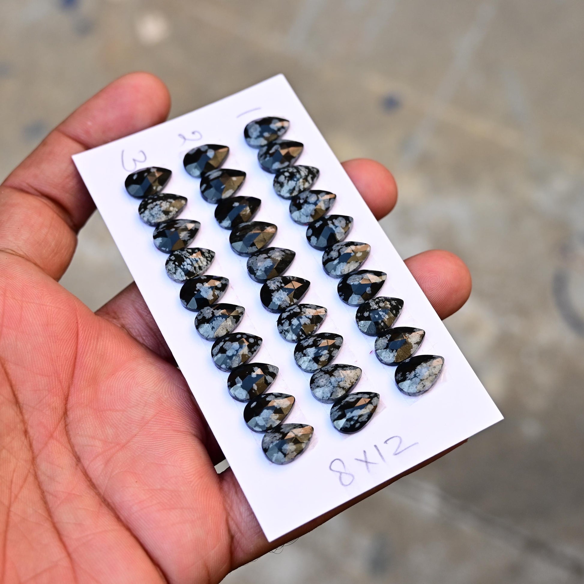 10 Pieces Snowflake Obsidian Cabochon CALIBRATED, Obsidian Loose Stone, Tear Drop Shape 8x12mm Obsidian Lot, Semi Precious Gemstone Cabochon