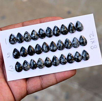 10 Pieces Snowflake Obsidian Cabochon CALIBRATED, Obsidian Loose Stone, Tear Drop Shape 8x12mm Obsidian Lot, Semi Precious Gemstone Cabochon