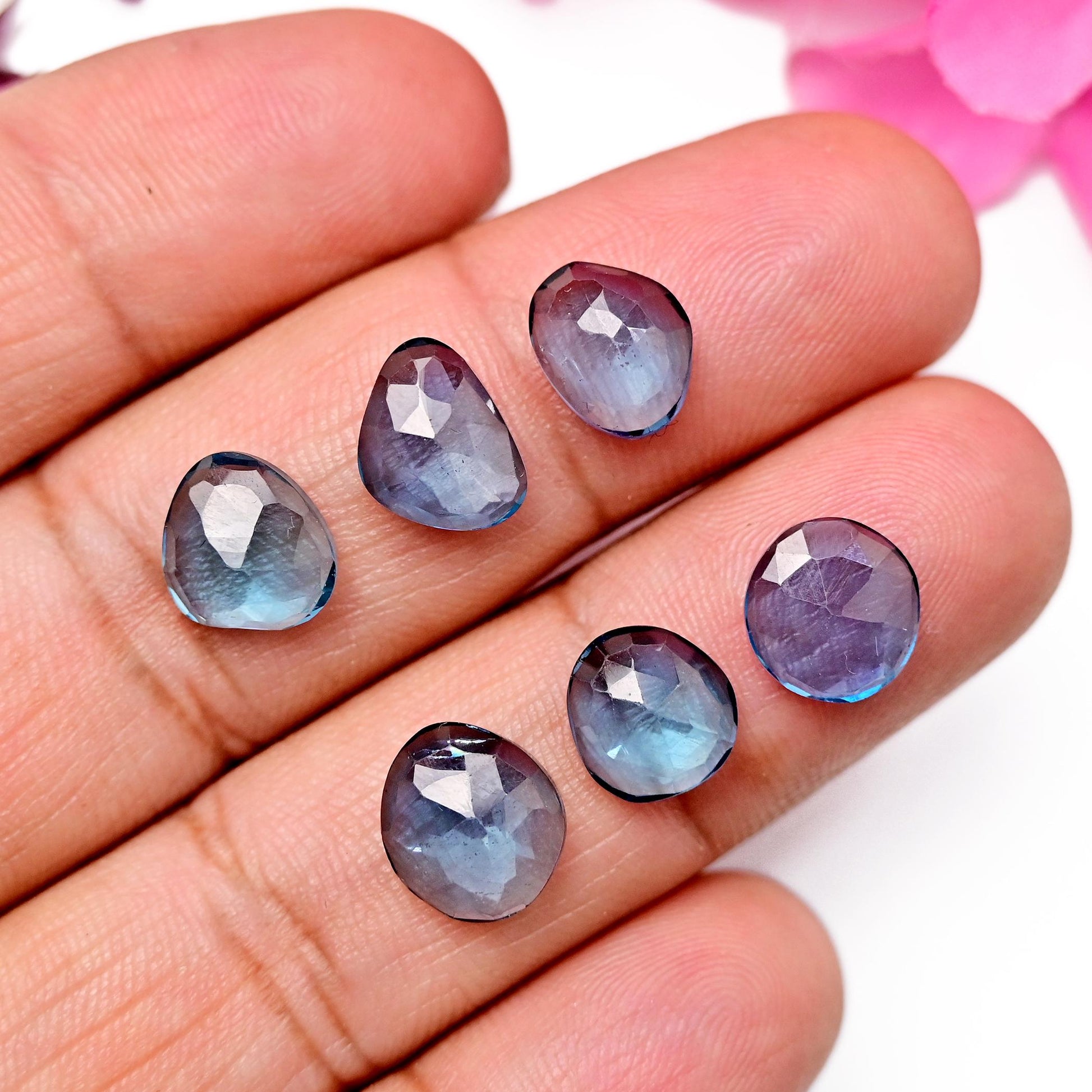 6pcs Natural London Blue Topaz Rosecut Cabochon 8X10 - 9X11mm Free Form Shape Wholesale Lot Loose Gemstone For making Jewelry and Ring