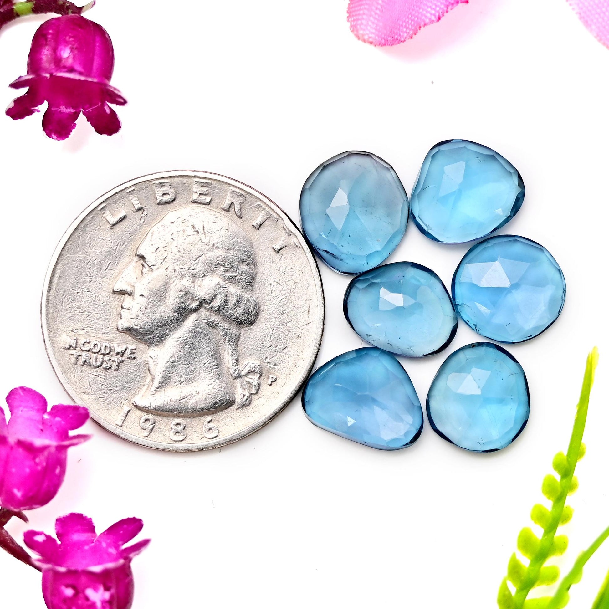 6pcs Natural London Blue Topaz Rosecut Cabochon 8X10 - 9X11mm Free Form Shape Wholesale Lot Loose Gemstone For making Jewelry and Ring