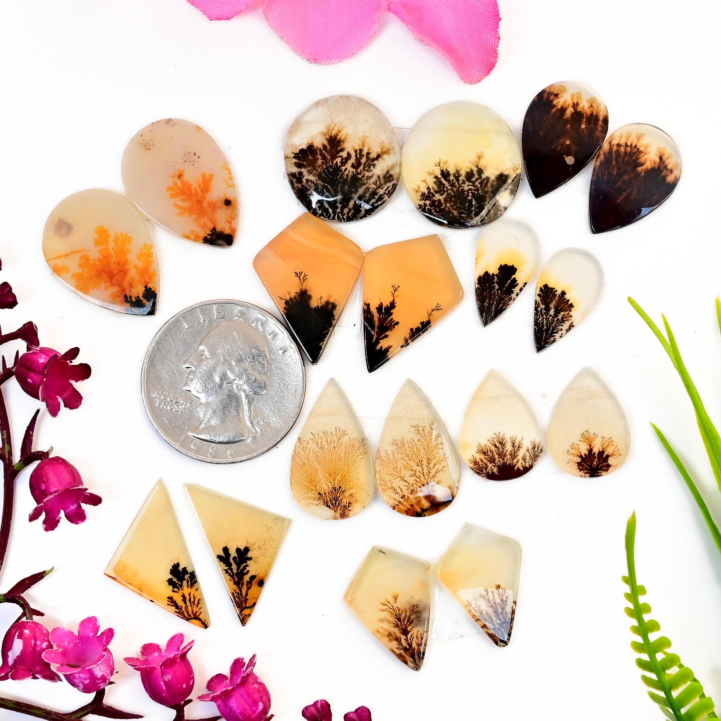 1 pair Scenic Dendritic Agate Smooth Cabochon, 12mm - 22mm Natural Cabochon High-Quality Gemstone, AAA Quality Scenic Agate Loose Gemstones