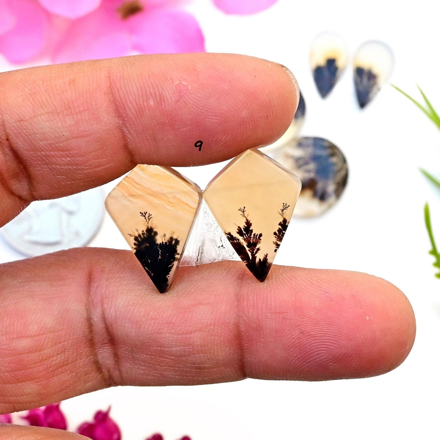 1 pair Scenic Dendritic Agate Smooth Cabochon, 12mm - 22mm Natural Cabochon High-Quality Gemstone, AAA Quality Scenic Agate Loose Gemstones