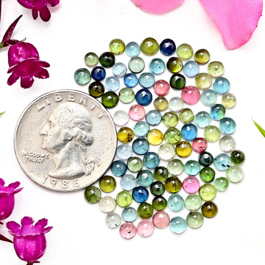 87 pc Multi Tourmaline Smooth Cabochon, 4x4mm Round Shape Tourmaline Smooth Cabochon for making pendant ring and other jewelry