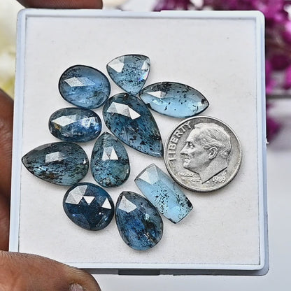 42,90 ct. Blaugrüner Moos-Kyanit, Rosenschliff, gemischte Form, 8 x 12 mm – 10 x 18, Edelsteinpaket der Güteklasse AA – insgesamt 10 Stück