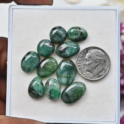 38 Karat Smaragd-Cabochon, 9 x 14 mm und 8 x 13 mm, gemischte Form, Edelstein der Güteklasse AA, Paket – insgesamt 10 Stück